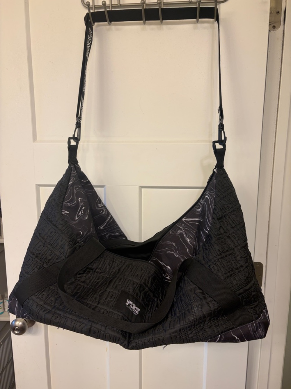 PINK Victoria's Secret Black Quilted & Marble-Print Duffel Bag